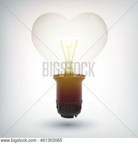 Glowing Lightbulb With Plastic Base Concept In Shape Of Heart As Symbol Of Love Isolated Vector Illu