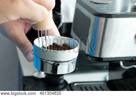 Hand Mash Coffee Bean In Manual Coffee Grinder, Compress, Cafes, Cafeter, Anonymous