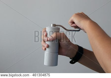 Hand Mash Coffee Bean In Manual Coffee Grinder, Compress, Cafes, Cafeter, Anonymous