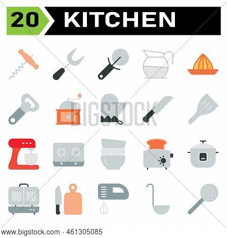 Kitchen Equipment Icon Set Include Corkscrew, Bottle, Opener, Wine, Equipment, Carving, Carve, Fork,