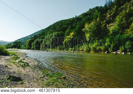 Beautiful Mountain River On A Clear Summer Day. River In Sunny Day. River In Mountain Forest.