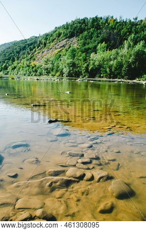 Beautiful Mountain River On A Clear Summer Day. River In Sunny Day. River In Mountain Forest.
