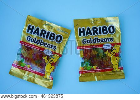 Pskov, Russia - August 09, 2022: Two Packs Of Sweet Haribo Chewing Bears On A Blue Background. Top V