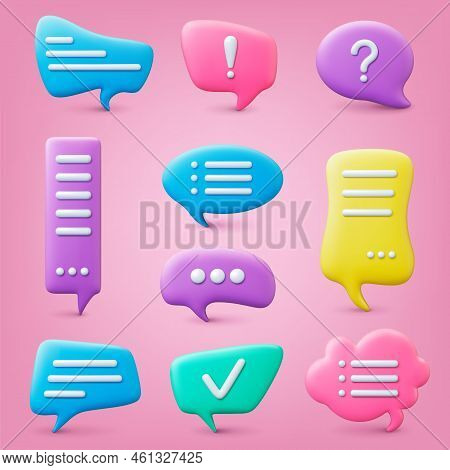 Dialogue Bubble 3d Set. Speech Bubbles, Quotes Different Elements. Bot Message In Chat Balloons, Cre