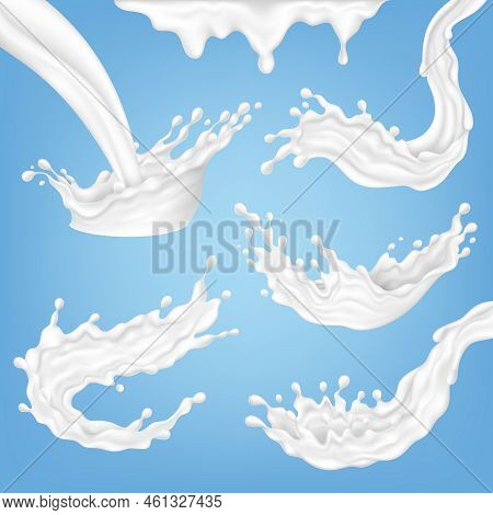 Milk Realistic Splatter And Splashes. Isolated White Liquid Drops, Dripping Yogurt Or Creamy. Fresh 