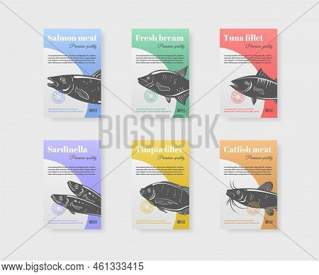 Fish Package Label. Fresh Fishes Packaging Branding Cards, Natural Food Grocery Business Store, Prem