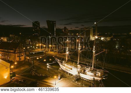 Aerial View Of Meridianas Sailing Ship, One Of The Most Recognisable Landmarks Of Klaipeda, A Docked