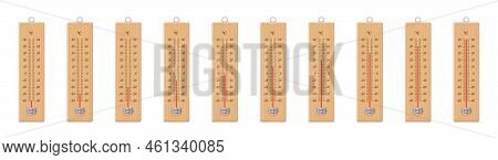 Thermometers With Rising Temperature Values From Minus Fourty To Plus Fifty Degrees Celsius. Wooden 