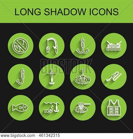 Set Line Fish, Fishing Hook Under Water With Fish, No Fishing, Net, Jacket, And Float, Line And Icon