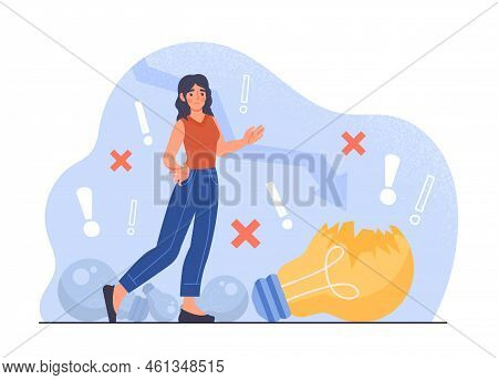 Bad Idea Concept. Young Girl Stands By Broken Light Bulb, Problems At Work, Insight And Brainstormin