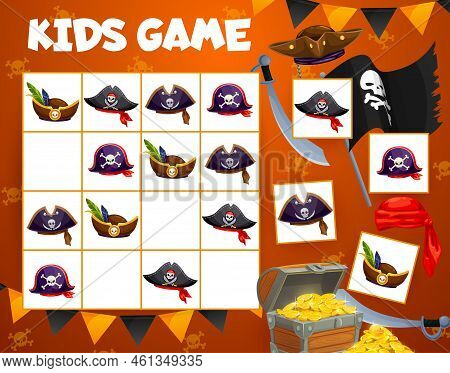Sudoku Game. Pirate Sabers, Tricorn, Cocked Hats, Flag And Golden Chest. Kids Sudoku Worksheet, Vect