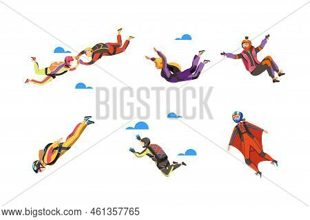 Paratroopers Or Parachutist Free-falling And Descenting With Parachute And Wingsuit Vector Set