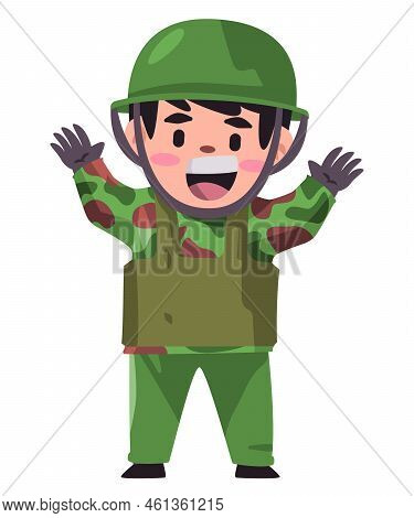 Kids Wearing Camouflage Army Soldier Military With Helmet Green Armed And Kevlar Vest
