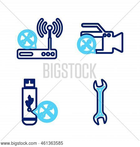 Set Line Wrench, Usb Flash Drive Service, Video Camera And Router Wi-fi Icon. Vector