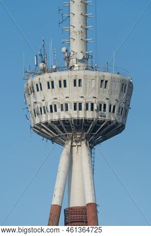 Television Tower Technical Structure In Tbilisi Georgia Closeup. Tower Helps Transferring Signal To 