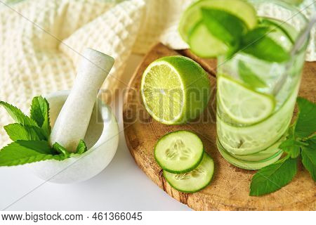 Cucumber, Lime And Mint Lemonade. Refresment Summer Drink, Glass Of Detox Water For Dieting