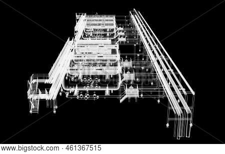 Industrial Equipment. X-ray 3d Illustration On Black Background. Non-destructive Testing Concept