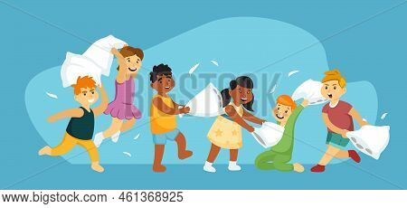 Pillow Battles. Little Kids In Kindergarten Fights With Pillows Jumping And Running Together. Vector