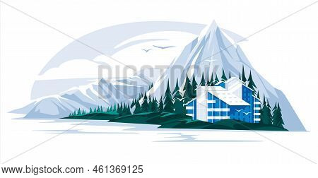 Mountain Hotel In A Coniferous Forest Near A Lake Or River. Nature Recreation Landscape Concept. Vec