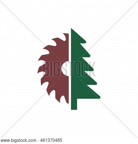 Circular Saw Blade And Conifer Tree. Vector Logo. Isolated Illustration On White Background.