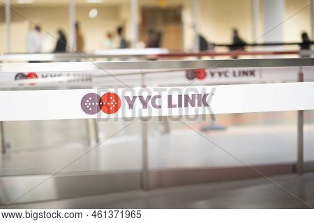 Calgary Alberta Canada, September 08 2022: Yyc Link Shuttle Station Sign At The Indoor Bus Stop For 