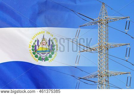El Salvador Flag On Electric Pole Background. Power Shortage And Increased Energy Consumption In El 