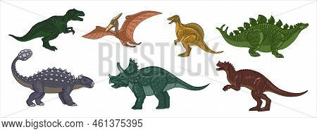 Pteranodon, Triceratops, T-rex, Spinosaurus, Stegosaurus, Ankylosaurus, Allosaurus. Set Of Dinosaurs