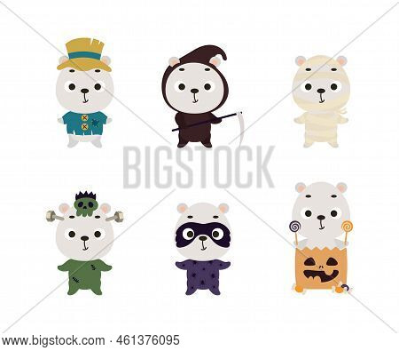 Cute Halloween Polar Bear Set. Cartoon Animal Character Collection For Kids T-shirts, Nursery Decora