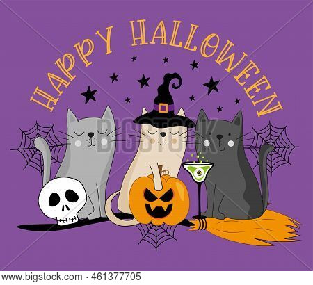 Happy Halloween - Hand Drawn Witch Cats, And Spooky Skull, Pumpkin, And Potion On Broom. Islolated O