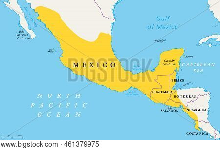 Location Of Mesoamerica, Political Map. Historical Region And Cultural Area In Southern North Americ