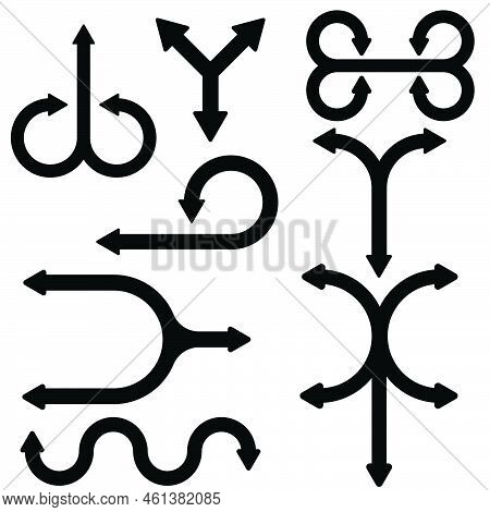 Set Of Black Vector Arrows Icon Collection. Going In  Different Directions Isolated On White Square 