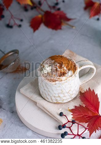 Pumpkin Latte With Spices. Boozy Cocktail With Whipped Cream. Light Background. Vertical