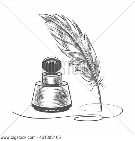 Quill And Ink. Ink Feather Pen With Inkwell Engraving Vintage Sketch, Hand Writing And Calligraphy I