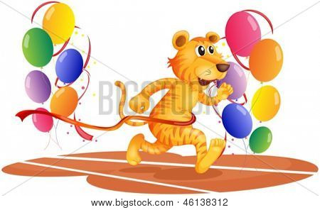 Illustration af en tiger køre med farverige balloner på en hvid baggrund