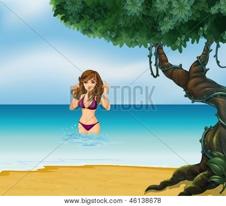 Ilustracja plaża z dziewczyną w jej fioletowe bikini