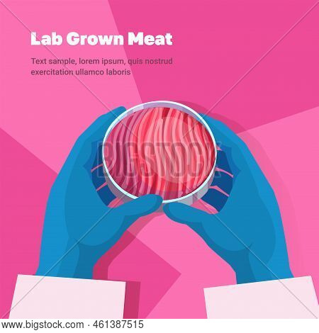 Scientist Holding Cultured Red Raw Meat Made From Animal Cells Artificial Lab Grown Meat Production 