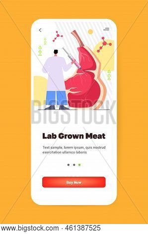 Chemist With Syringe Injecting Cultured Raw Red Beef Meat Made From Animal Cells Artificial Lab Grow