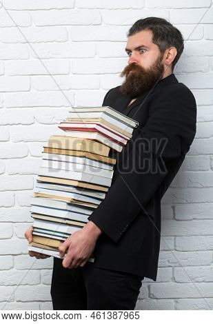 Funny Teacher Or Professor With Book Stack. Thinking Serious Mature Teacher. Falling Books Concept. 