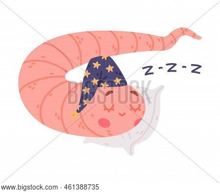 Funny Pink Worm Character With Long Tube Body In Night Cap Sleeping On Pillow Vector Illustration