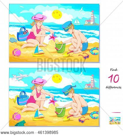 Find 10 Differences. Illustration Of Kids Playing In Summer Beach. Logic Puzzle Game For Children An