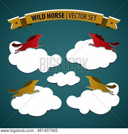 Wild Horse Colored Isolated Icon Set With Multicolored Horses On Coluds On Blue Background Vector Il