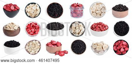 Set With Different Freeze Dried Berries And Bananas On White Background