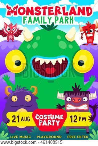 Cartoon Monster Party Flyer. Event Or Holiday Promo Vector Placard Or Invitation Card With Funny Bat