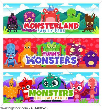 Cartoon Monster Characters. Horizontal Vector Background Or Banner With Five Eyed Octopus, Slime Mon