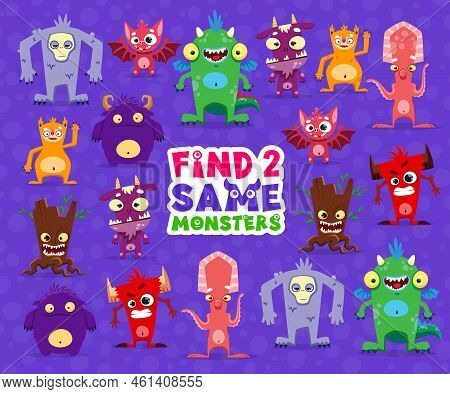 Find Two Same Cartoon Monster Characters. Same Picture Finding Quiz, Kids Game Vector Worksheet With