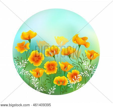 Round, Colorful Painting With An Artistically Painted Yellow California Poppy On Grassy, Green Backg