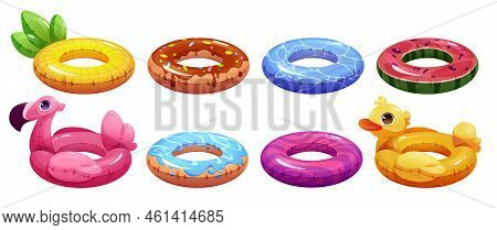 Set Of Swimming Rings, Inflatable Rubber Flamingo, Duck, Pineapple, Donut And Watermelon Colorful St