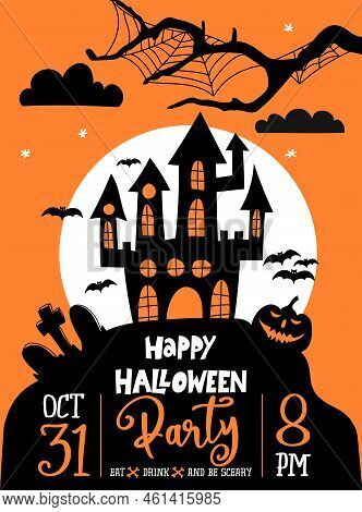 Happy Halloween Party - Poster With Graveyard And Pumpkin In Dark Style. Full Moon, Hunted House, Sp