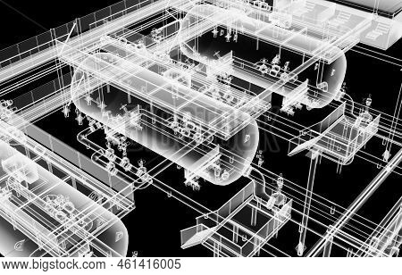 Industrial Equipment. X-ray 3d Illustration On Black Background. Non-destructive Testing Concept