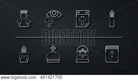 Set Line Angel, Burning Candle, Grave With Star Of David, Church Tower, Tear Cry Eye, Holy Bible Boo